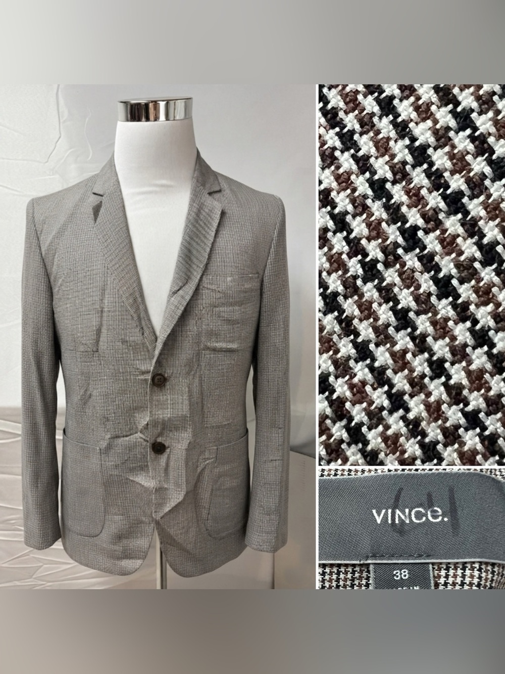 Vince Men's 38 Houndstooth Beige Linen/Cotton Blend Unstructured Blazer Jacket